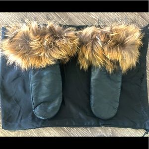 Black Leather Fur Cuffed Mittens